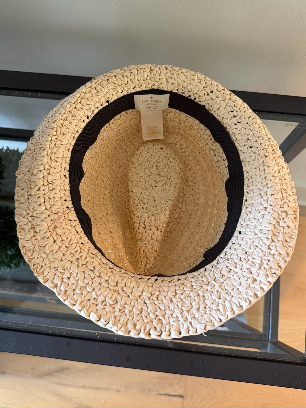 Kate Spade Beige Straw Fedora with Black Raffia Bow - Picture 2 of 6